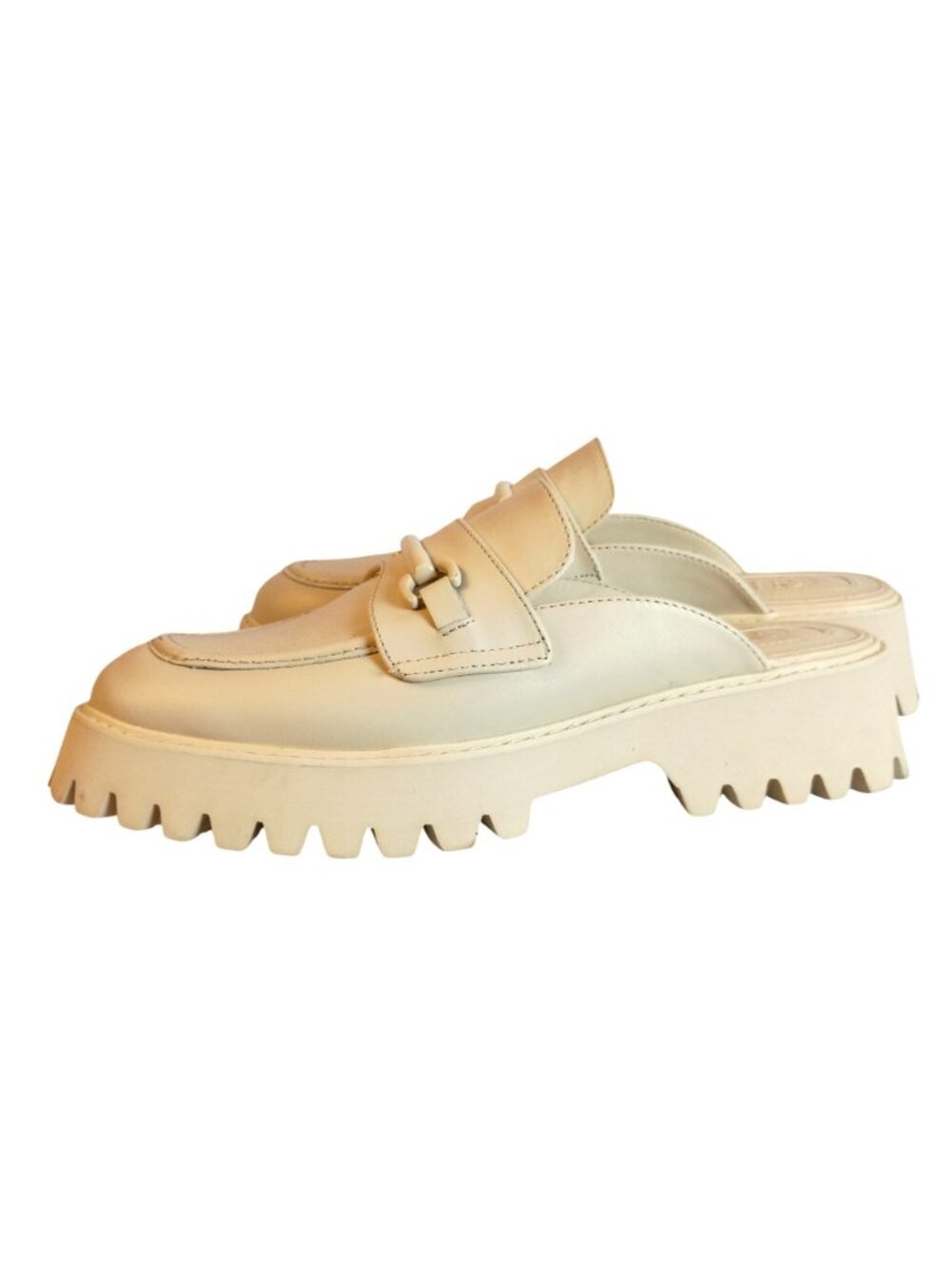 Gianni Bini Beige Leather Lug Sole Mules Women Size 9 Horsebit Slip On Loafers - Picture 2 of 10